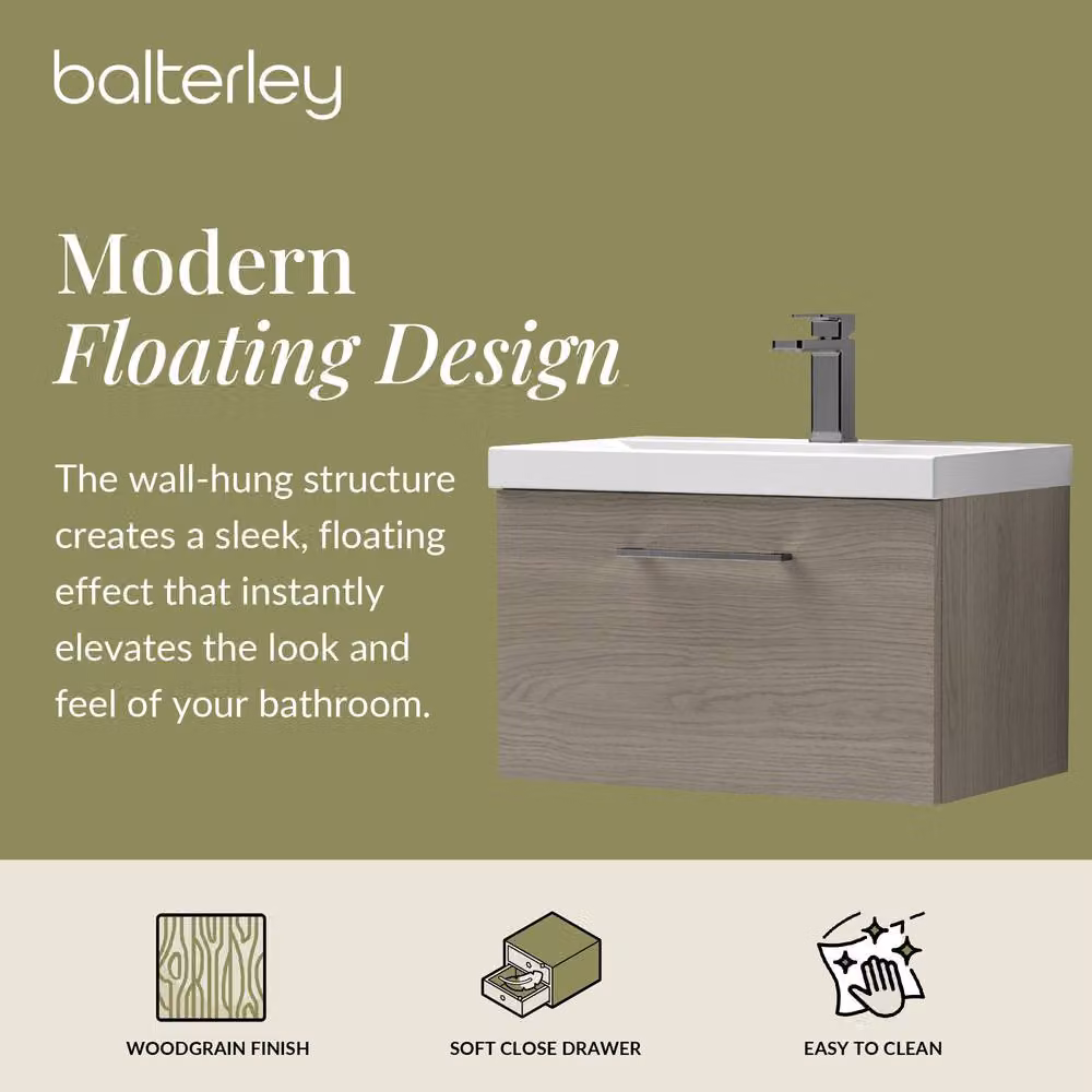 Balterley Mid Oak 600mm Wall Hung 1 Drawer Vanity Basin Unit with Pewter Handle in Brown – 2
