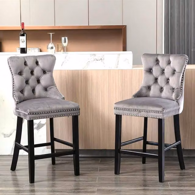 Modern Home Touch Romsey Set of 2 Grey Velvet Bar Stools with Oak Legs