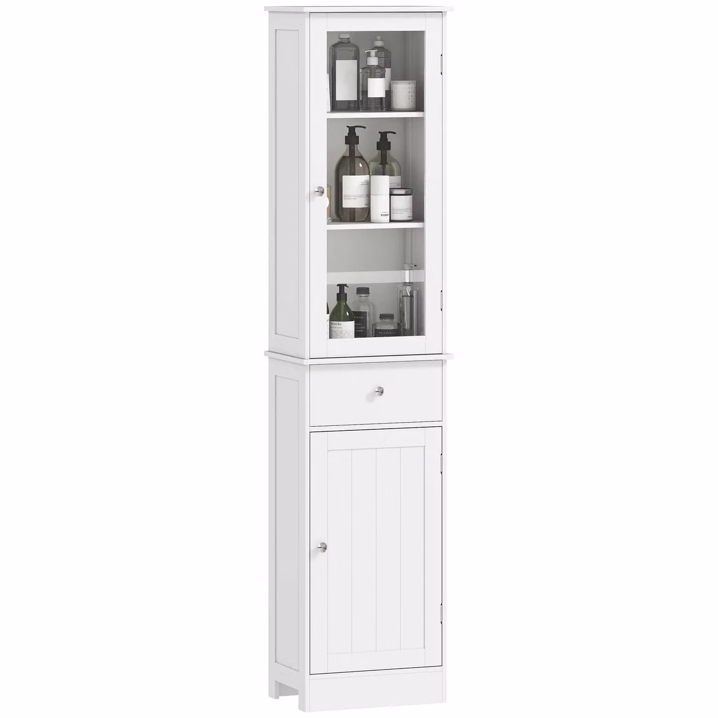 Kleankin Freestanding Bathroom Restroom Tower with Multi-Tier Shelving and Glass Doors, White – 3
