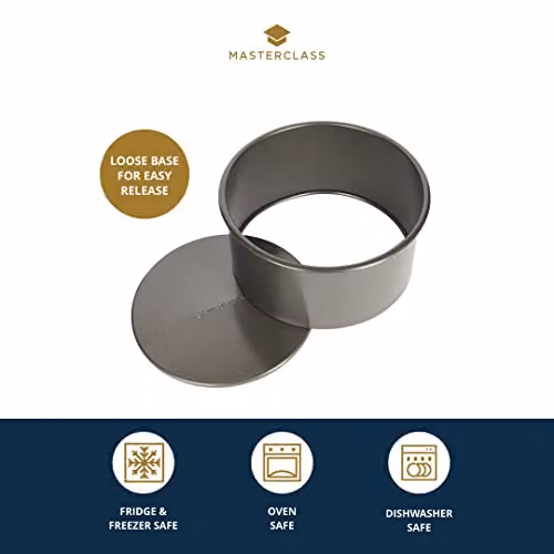 MasterClass Non-Stick Loose Base Round Carbon Steel Deep Cake Tin, Grey, Diameter: 18 cm – 3