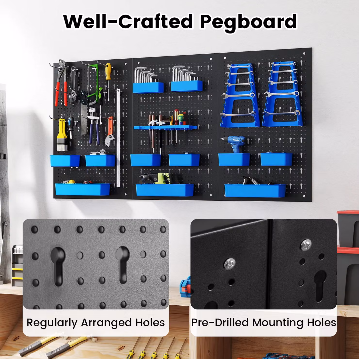 Costway Pegboard Wall Organizer with 9 Bins and Hammer Racks, Blue, W: 120 cm, H: 60 cm, D: 26 cm – 2