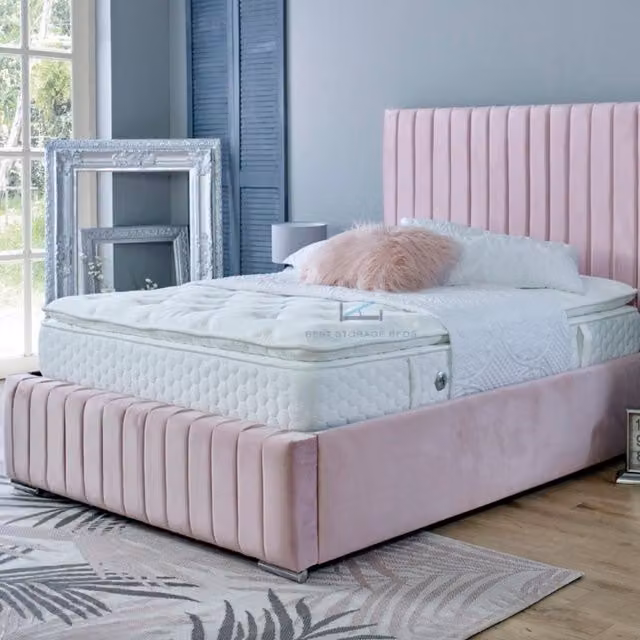 DS Living Savoy Panel Line Design Upholstered Soft Velvet Bed in Pink, W/D/H: 180 x 200 cm