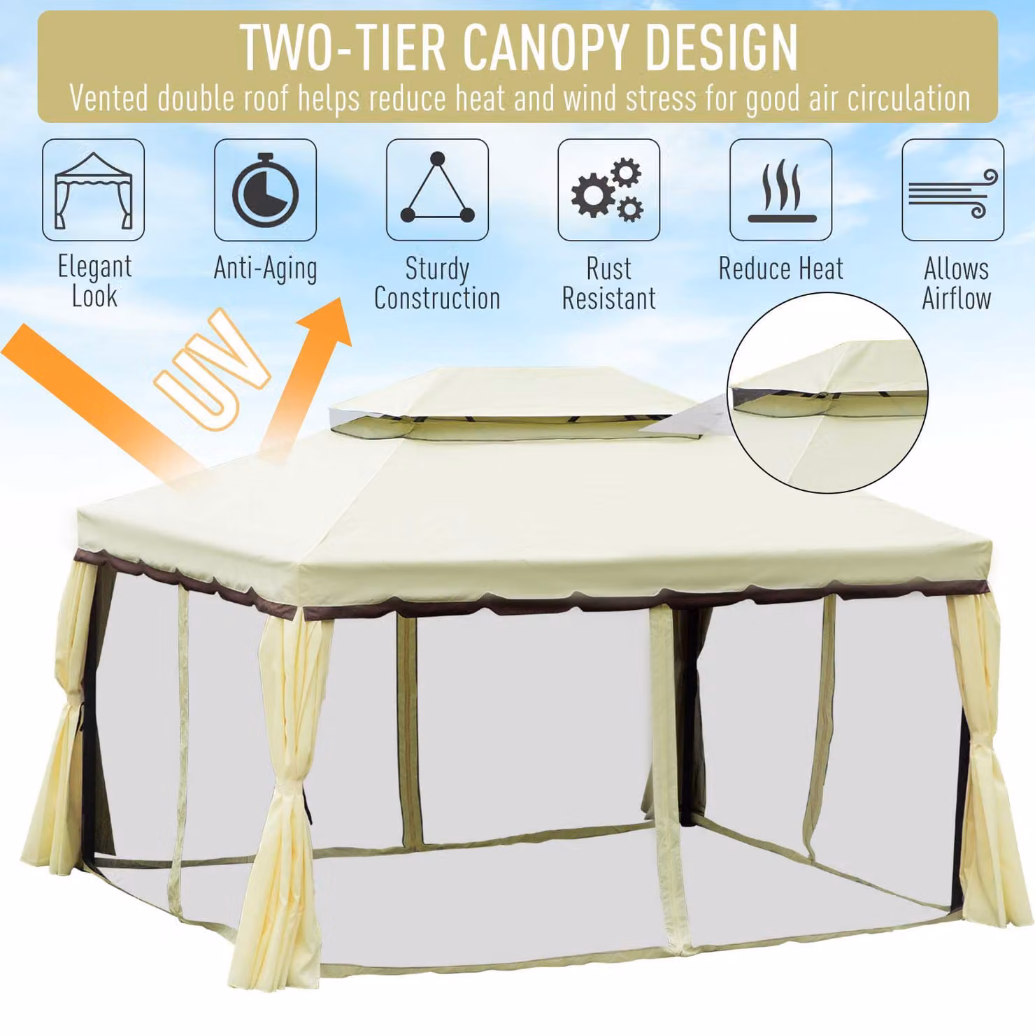 Outsunny Aluminium Metal Gazebo Marquee Canopy Pavilion with Nets and Sidewalls, Cream White, W: 300 cm, D: 290 cm, H: 270 cm – 3