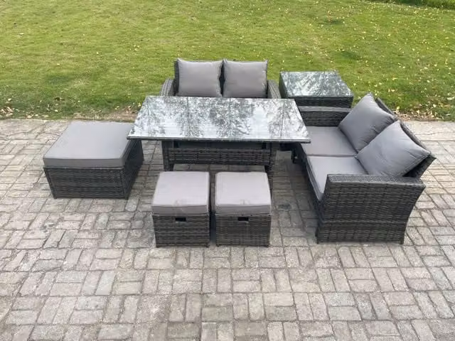 Fimous 7 Seater High Back Outdoor Garden Furniture Set with Rattan Sofa, Dining Table, 3 Footstools and Side Table in Dark Grey Mixed