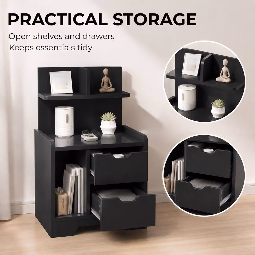 HOMCOM Modern Black Bedside Table with 2 Drawers and Open Shelves – 5