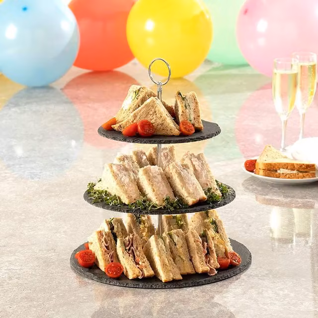 HOMIU 3 Tier Round Slate Platter Stand with Stainless Steel Handles in Black