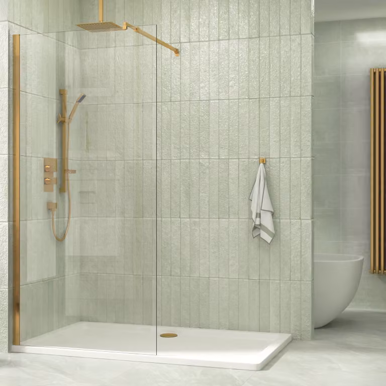 Royal Bathrooms Marbella Walk In Wet Room Shower Screen, 8mm Easy Clean Glass, Brushed Brass, W: 70 cm, H: 185 cm