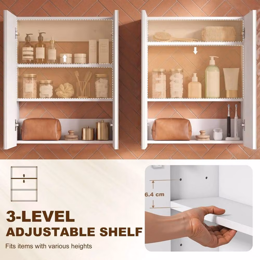 FORGEVIO Wall Mounted Modern Bathroom Mirror Storage Cabinet with Glass Hinged Doors and Internal Shelves in White – 3