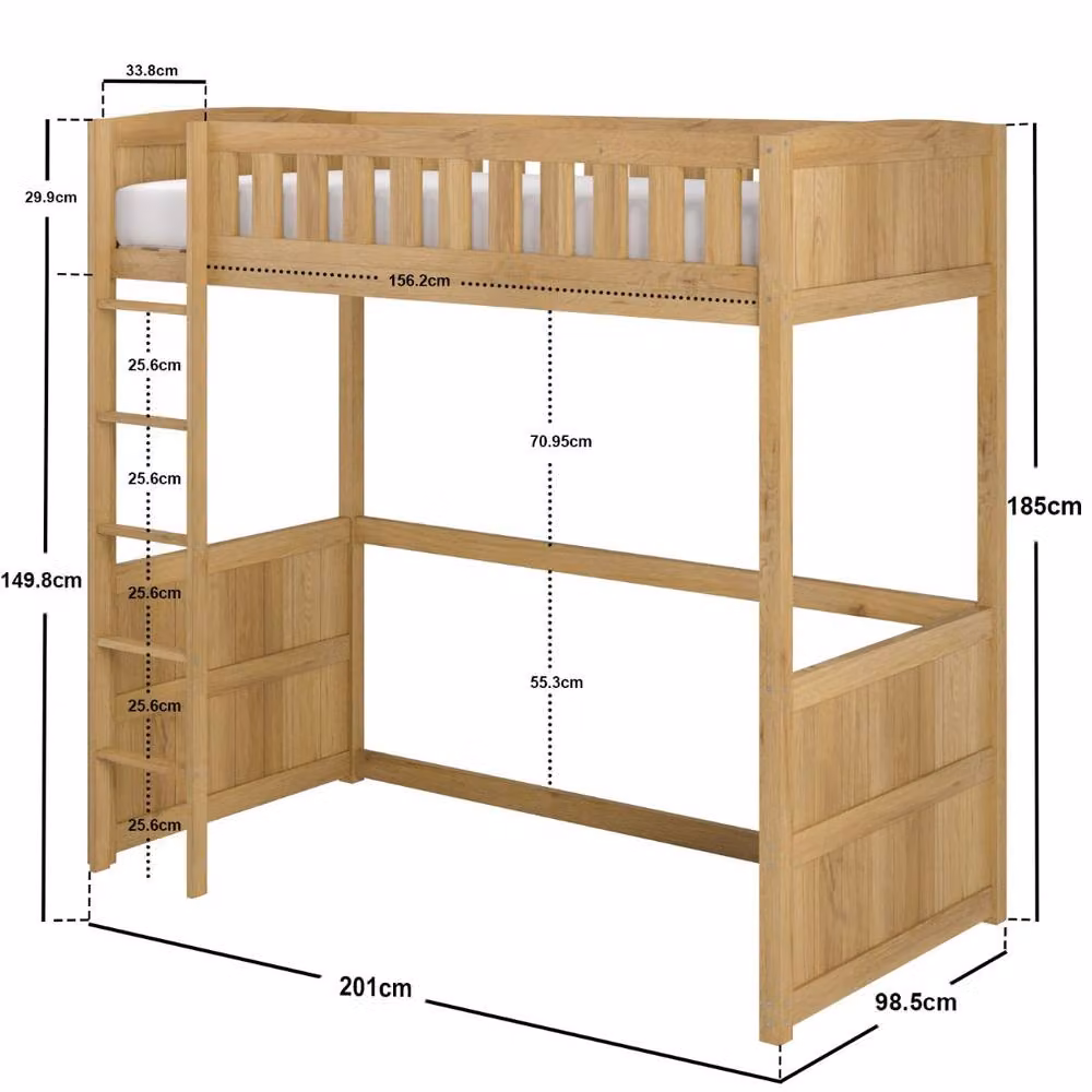 Flair Furnishings Flair Bea Single Solid Wood High Sleeper Bed in Oak, W/D/H: 90 x 190 x 185 cm – 4
