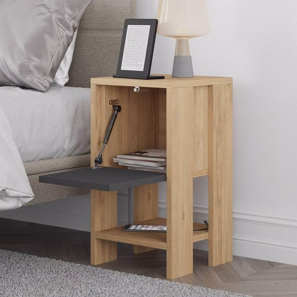 CALICOSY EMA Bedside Table with Drop-Down Door in Light Oak, Height: 55 cm – 2