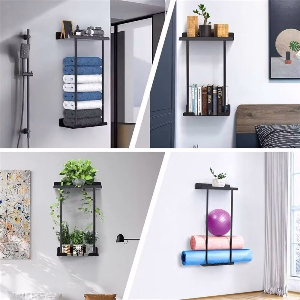 Nordara Wall Mounted Black Metal Bathroom Towel Holder Rack with Shelf and Hooks – 5