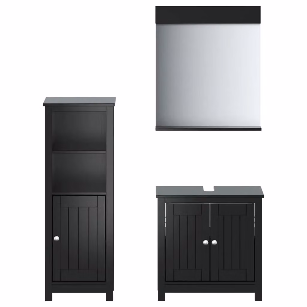 Berkfield Home BERG 3 Piece Black Solid Pine Bathroom Furniture Set with Vanity Unit and Mirror Cabinet – 2