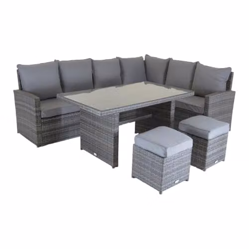 CHARLES BENTLEY 6 Seater L-Shape Rattan Dining Set in Grey with Matching Ottoman and Weatherproof Cushions, W/D/H: 196 x 72 x 87 cm – 4