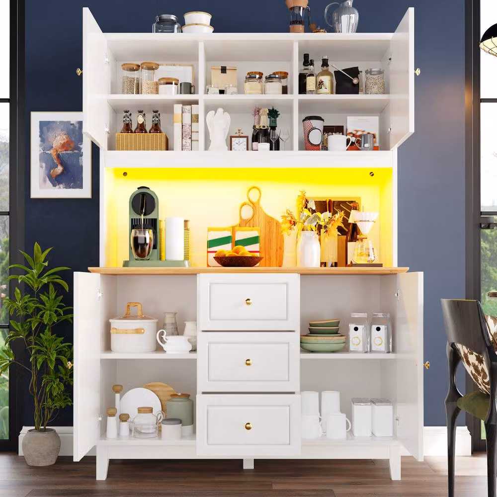 BTM White Pantry Cabinet with LED Lighting, Internal Drawers and Shelves, H 180 x W 120 x D 40 cm – 3