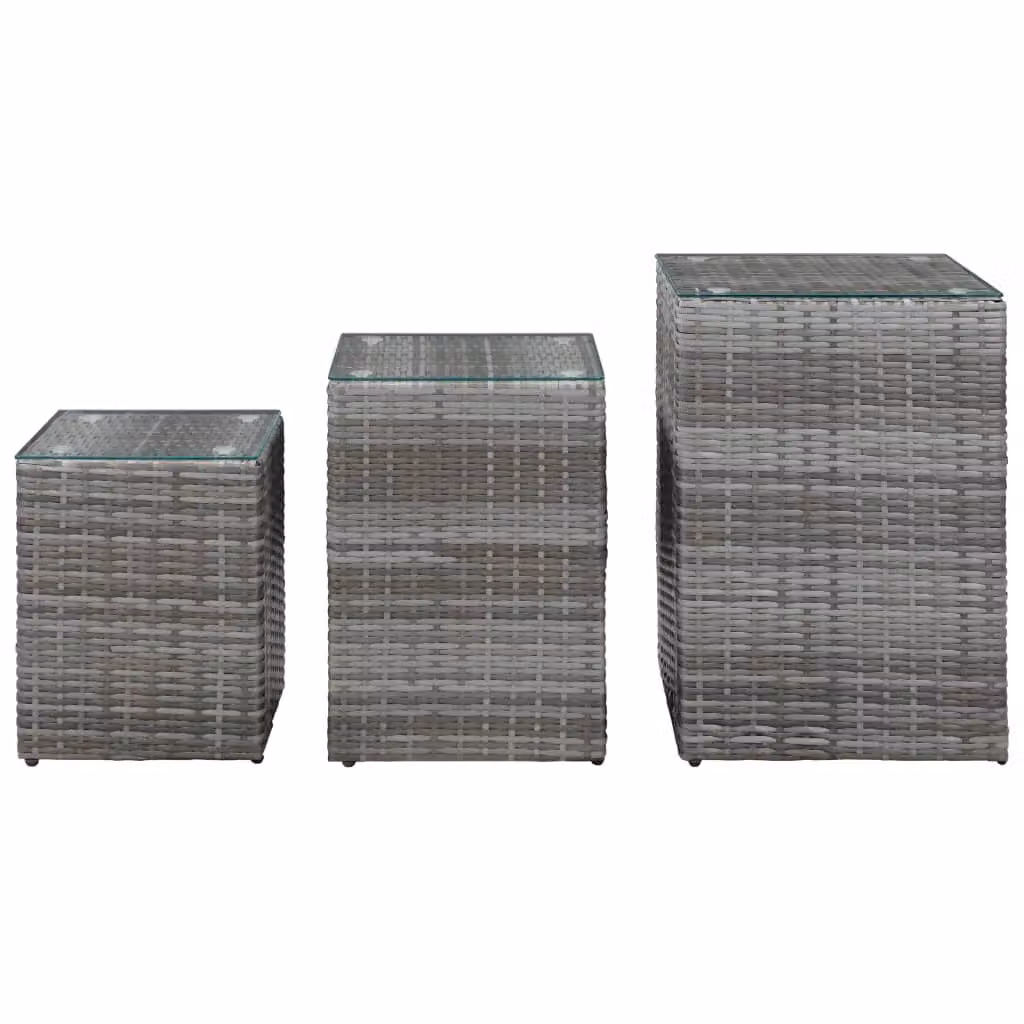 Berkfield Home Set of 3 Modern Grey Poly Rattan Side Tables with Glass Tops – 2