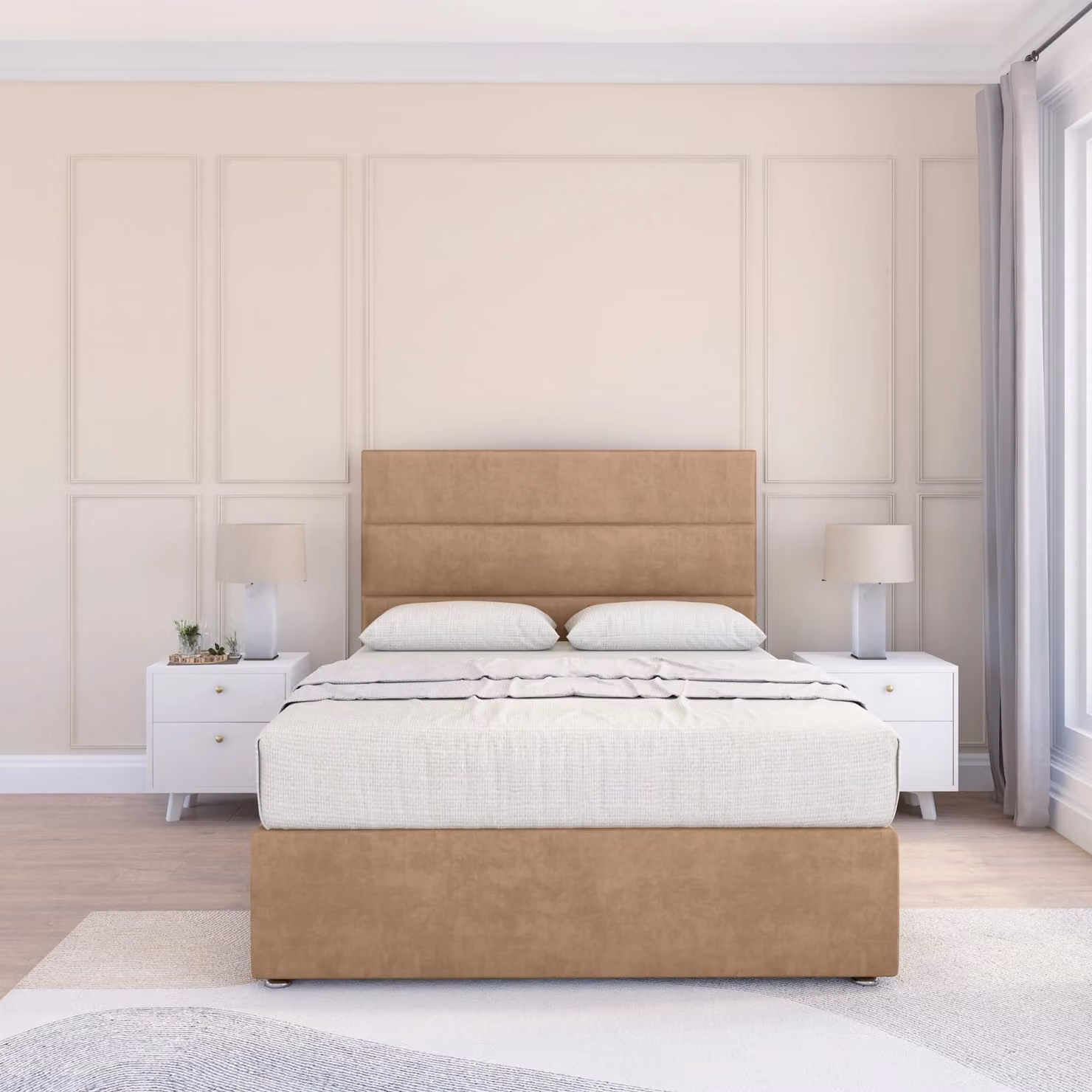 Sloomy Texas Small Double Divan Bed Base and 26 inch Struts Headboard in Light Beige, W/D/H: 120 x 200 cm