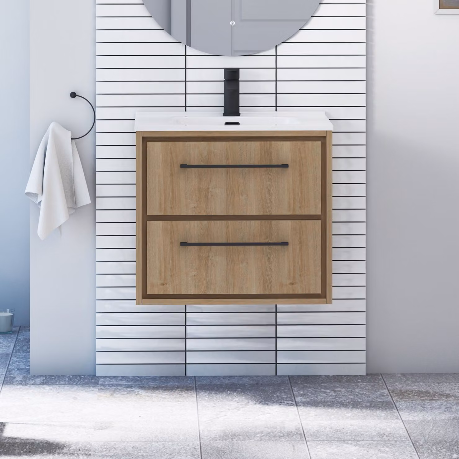 Royal Bathrooms Livora Natural Oak Wall Hung Vanity Unit with 2 Drawers, Ceramic Basin and Matt Black Handles, Width: 60 cm