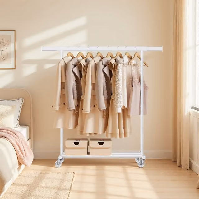 SONGMICS Heavy Duty Metal Clothes Rail on Wheels in Matt White
