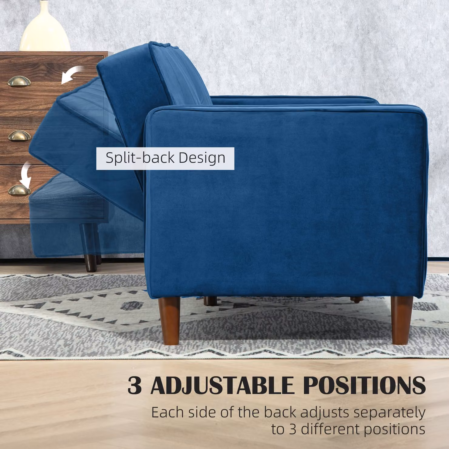 HOMCOM Modern Convertible Velvet-Touch Tufted Sofa Bed in Blue with Adjustable Split Back and Sleeping Function – 5