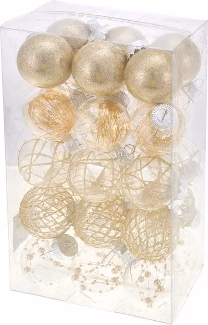 Living and Home 30-Piece Gold Glass Christmas Ornament Set with Round Baubles and Hanging Pendants
