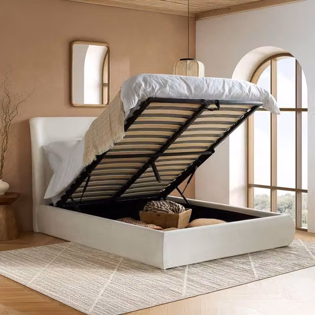 Birlea Lanis Ottoman Double Bed Frame in Cream Linen Fabric with Lift Up Base – 1