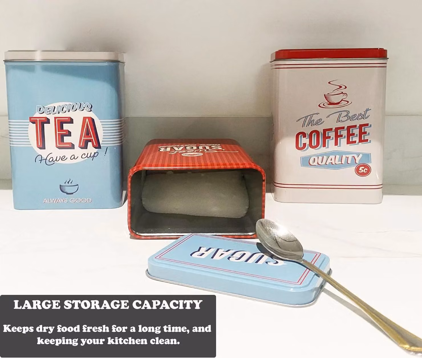 Almineez Retro Set of 3 Stainless Steel Tea, Coffee and Sugar Canisters in Silver and Multicolour – 4
