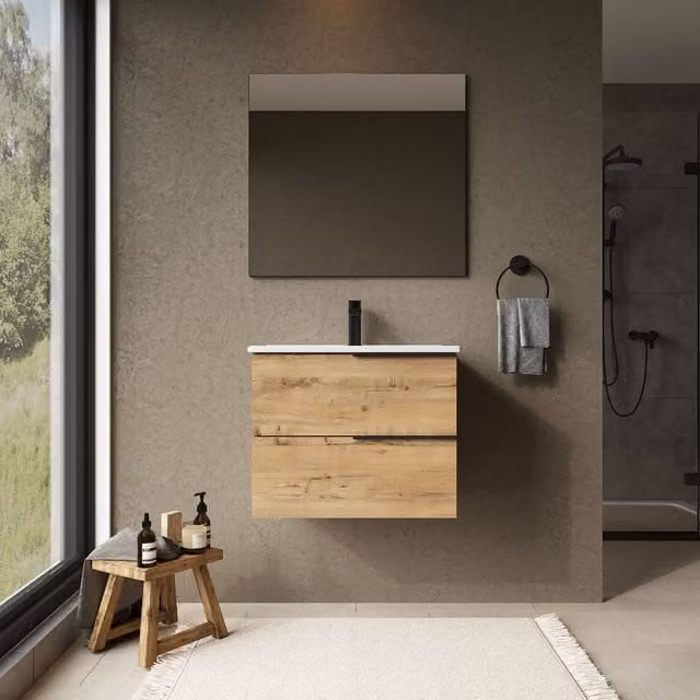 Banyetti Celtic 600mm Wall Hung Bathroom Vanity Unit with Lira Basin in Ostippo Light Oak, W: 60 cm, D: 48 cm, H: 45 cm – 1