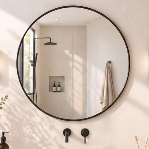 Yezi Round Wall Mirror in Black with Metal Frame and Glass, Diameter: 60 cm