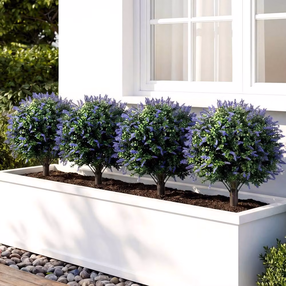 Costway Set of 2 Artificial Lavender and Boxwood Topiary Ball Trees in Green, Purple and Multicolour – 4