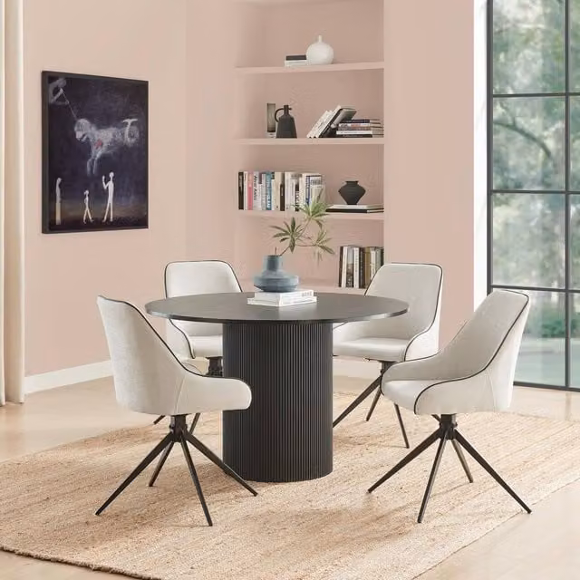 FurnitureboxUK Penrose Black Round Dining Table and 4 Beaumont Cream Fabric Swivel Chairs, Diameter: 120 cm – 1
