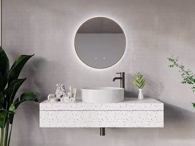 Vente-unique Round Illuminated Anti-Mist LED Bathroom Mirror with Gold Surround, Diameter: 60 cm