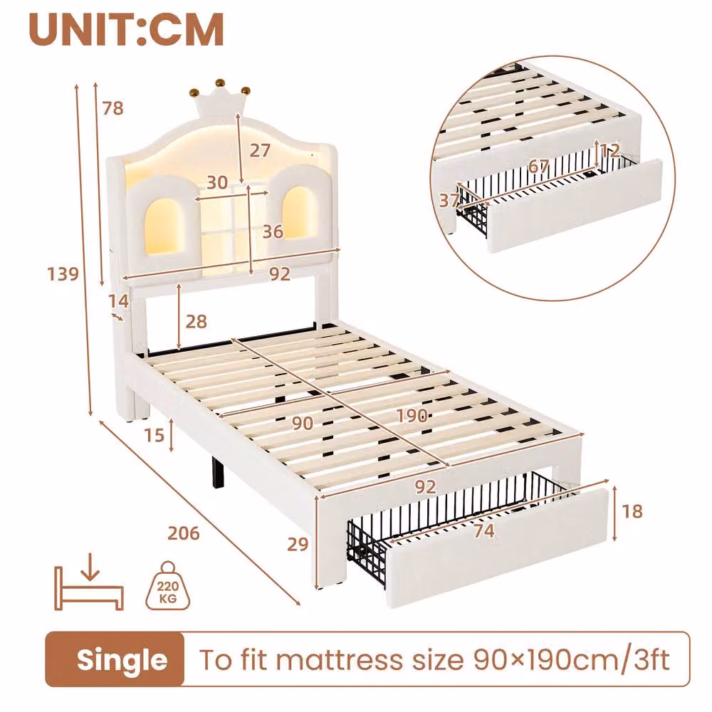 BTM Single Velvet Bed with LED Storage Headboard and USB Charging Port in Beige – 2