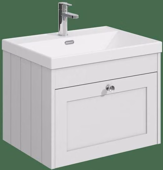 Balterley Modern Wall Hung Single Drawer Vanity Unit with Thin Edge Basin in Matt White, W: 60.0 cm, D: 45.3 cm, H: 43.1 cm
