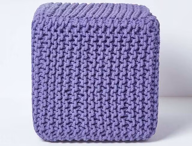 Homescapes Cube Cotton Knitted Pouffe Footstool in Purple