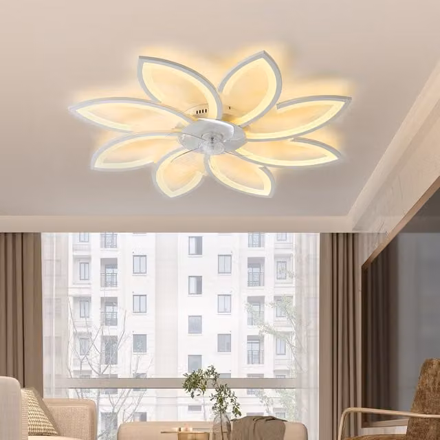 Living Star Modern Organic Flower Shape LED Ceiling Fan Lamp with Remote Control and Dimmable Function in White