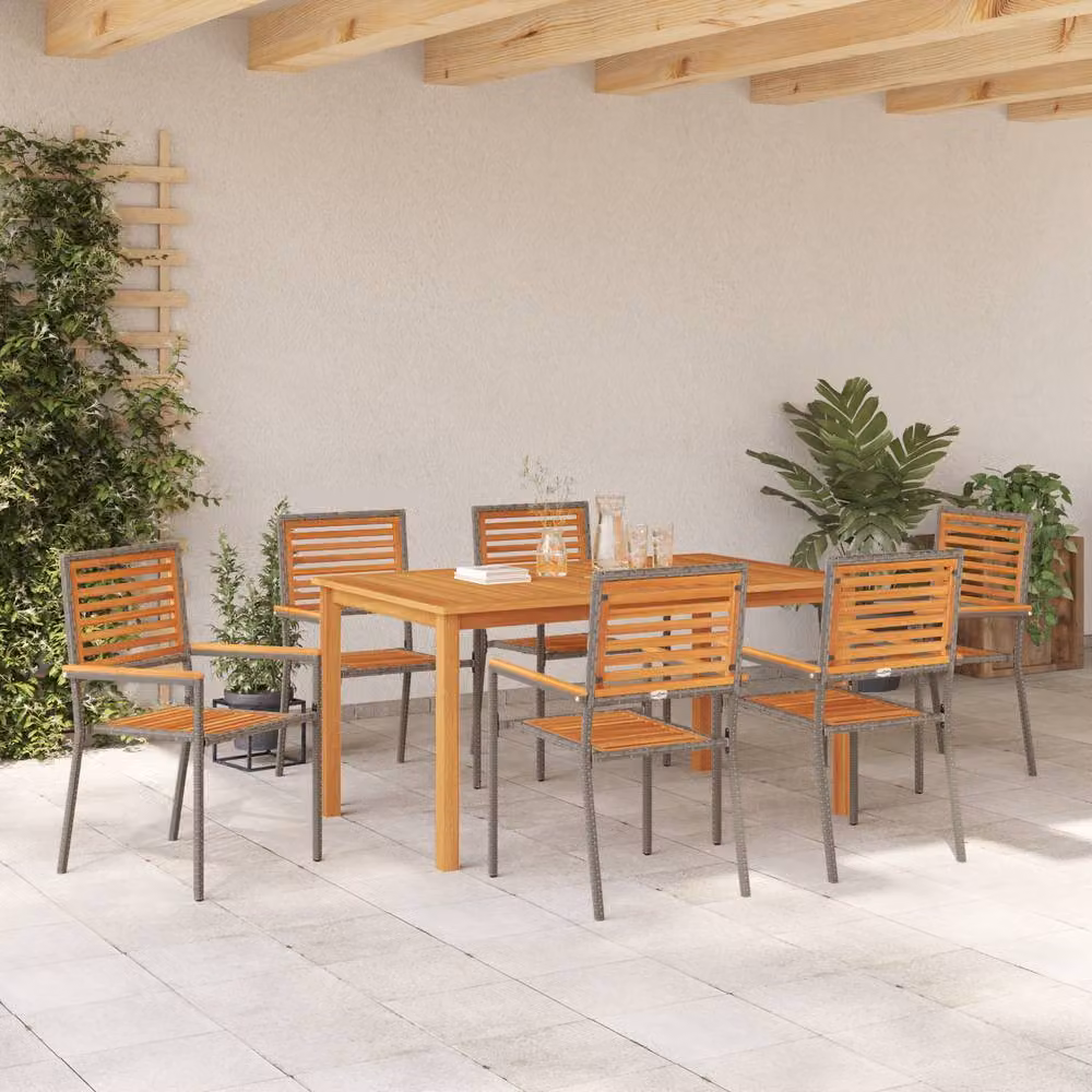 Berkfield Home 7 Piece Grey Poly Rattan and Acacia Wood Garden Dining Set – 3
