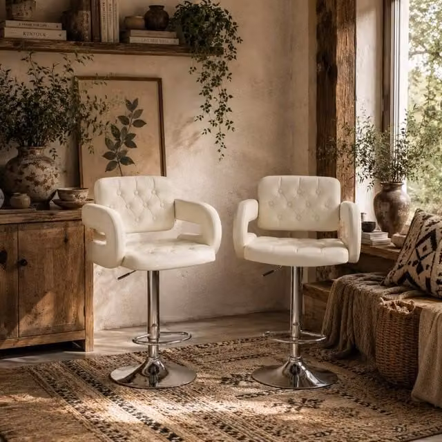 Wyld Haus Set of 2 White Faux Leather Adjustable Swivel Bar Stools with Armrests
