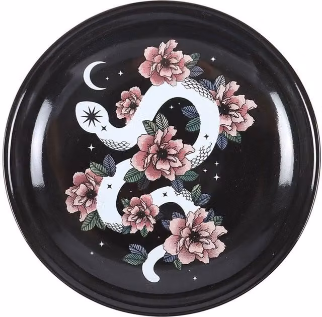 Kingsbury Gifts Ceramic Snake and Floral Trinket Dish, White, Pink and Black, Diameter: 10.5 cm