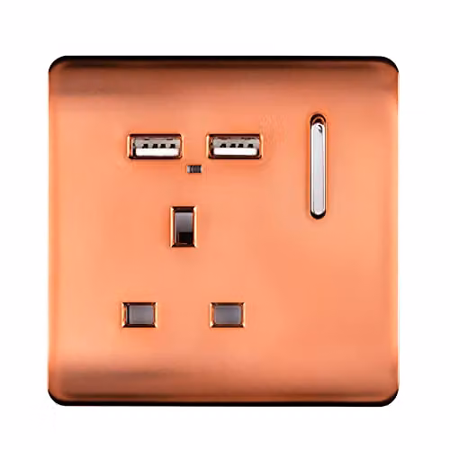 Trendi 1 Gang Single Switched Screwless Modern Glossy 13 Amp Wall Socket with 2x 2.1A USB Charging Ports in Copper – 2