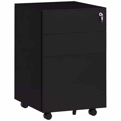 Vinsetto 3-Drawer Metal Vertical Filing Cabinet with Lock and Castors, Black
