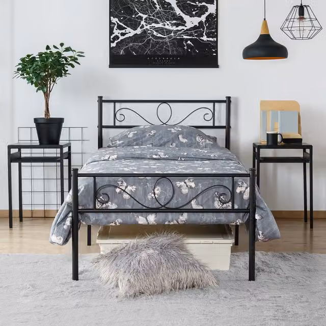 Yaheetech Industrial Metal Bed Frame with Matt Black Finish, W/D/H: 90 x 190 cm