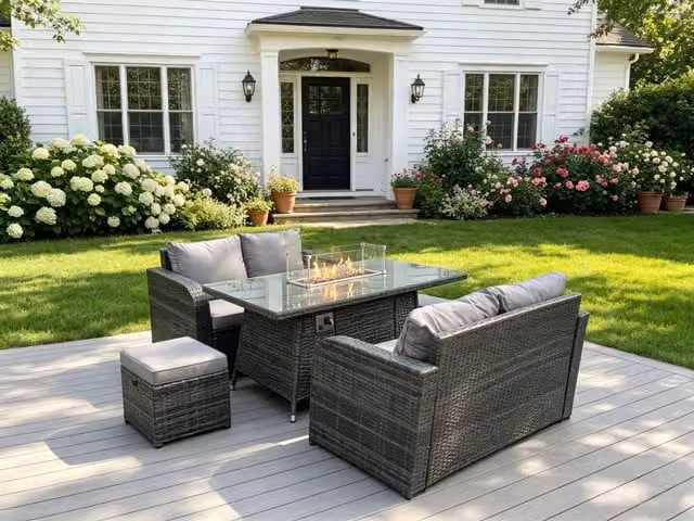 Fimous 6 Seater Rattan Outdoor Garden Furniture Set in Dark Grey with Gas Fire Pit Dining Table, Love Sofa and 2 Footstools
