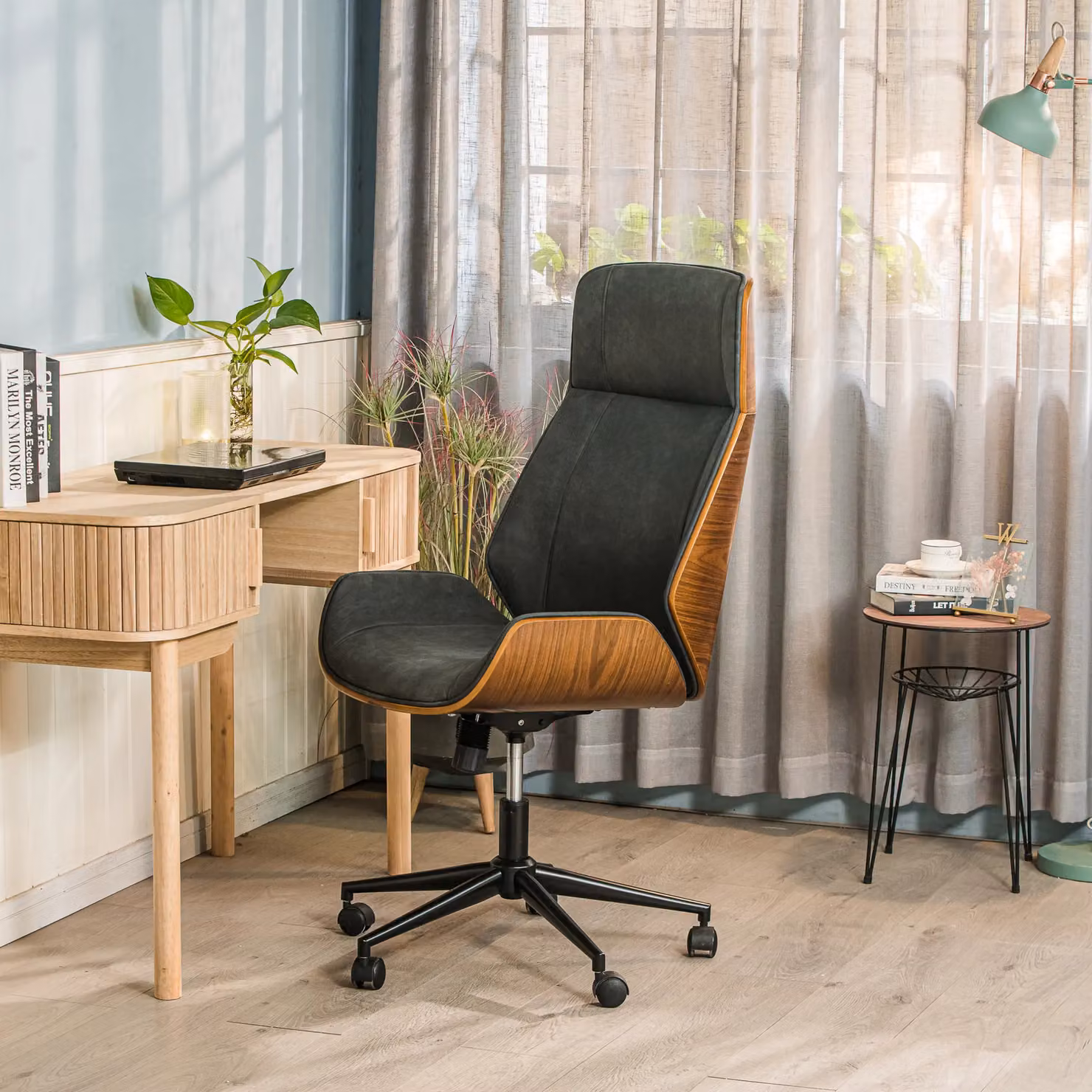 Victoria M Ergonomic Black Design Office Chair with Synthetic Leather and Wood Accents – 2