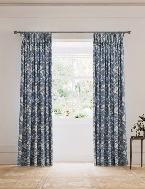 V&A Daffodil Blue Mix Floral Pure Cotton Pencil Pleat Blackout Curtains