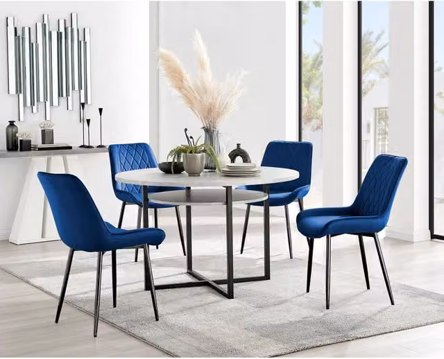 FurnitureboxUK Adley Grey Concrete Effect Round Dining Table and 4 Navy Pesaro Upholstered Chairs with Black Metal Legs