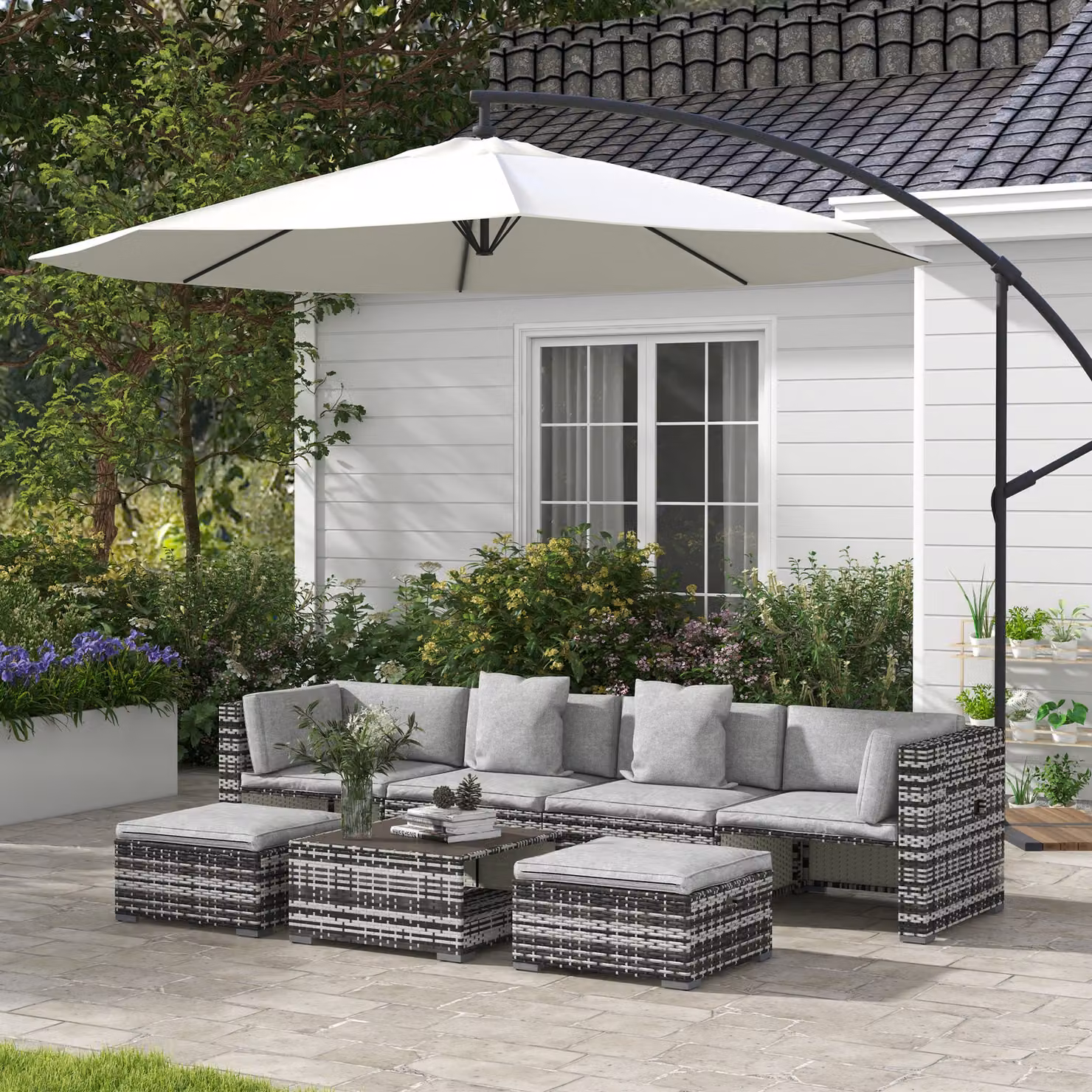 Outsunny 7-Piece Rattan Patio Furniture Set with Upholstered Cushions and Coffee Table in Grey – 2