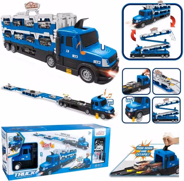 Rexco 2in1 Electronic Truck Toy Car Carrier and Race Track Playset in Blue and Black