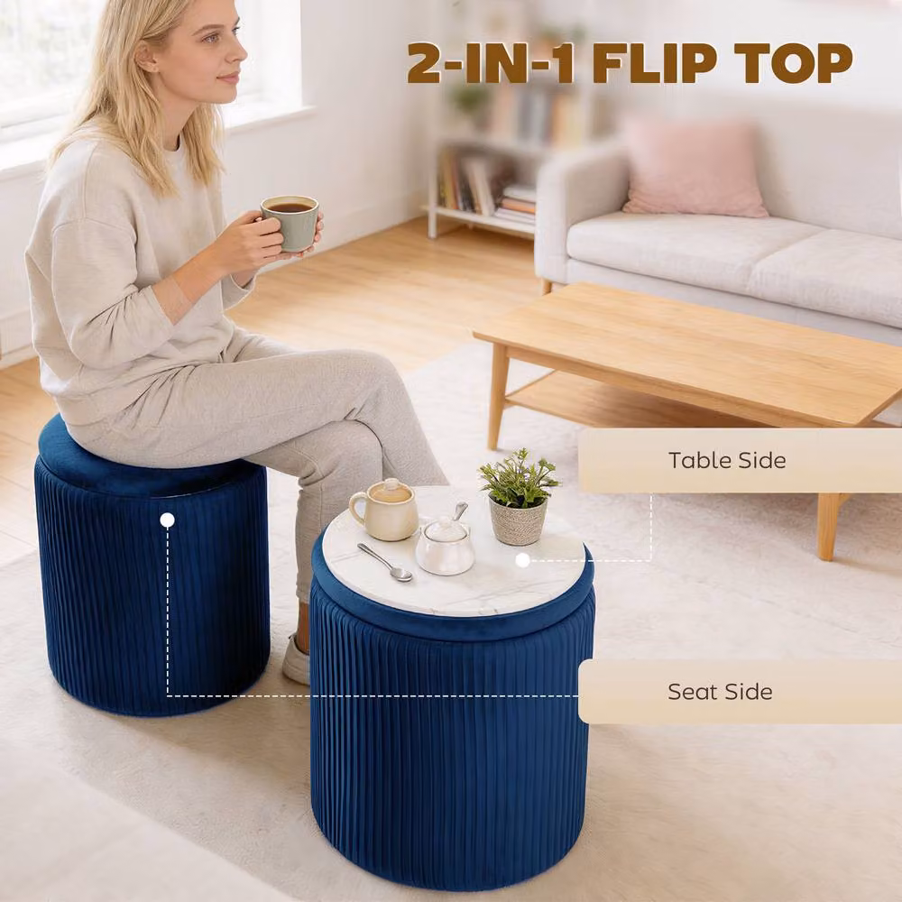HOMCOM Round Storage Ottoman with Removable Cover in Blue – 4