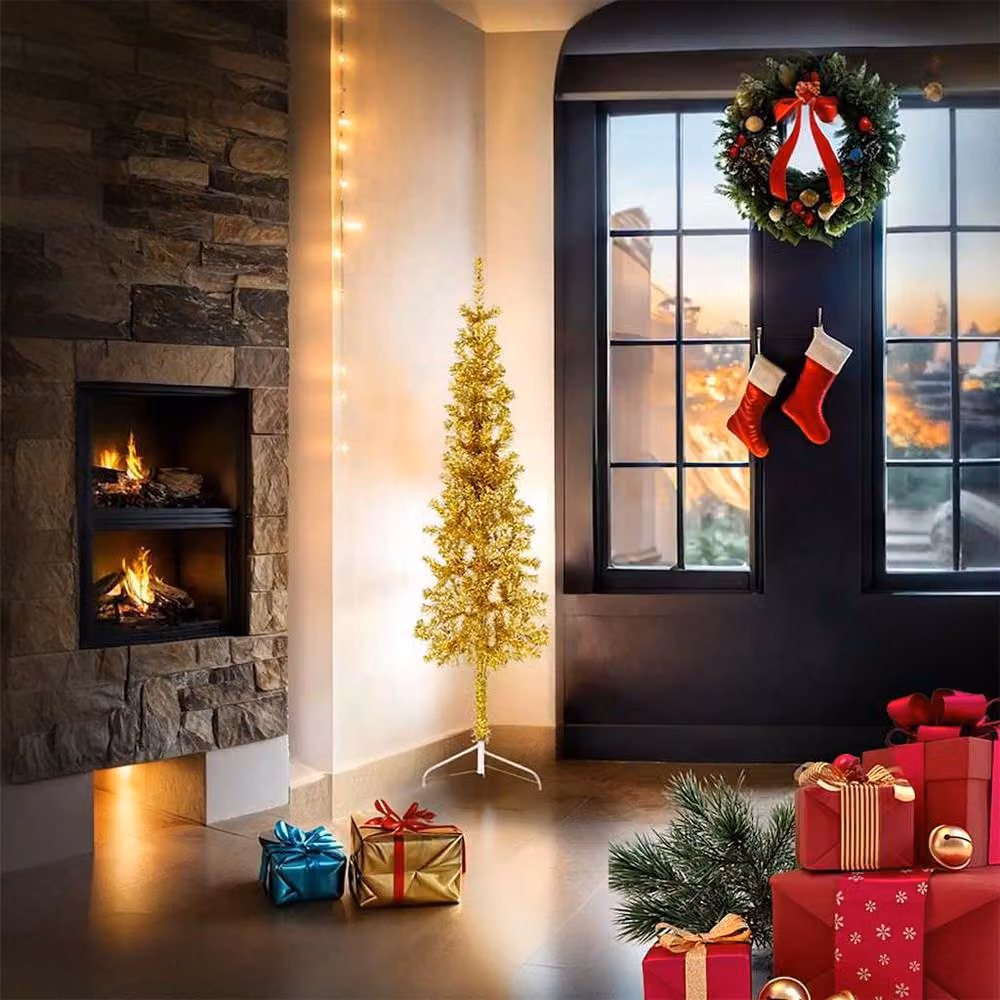 Berkfield Home Slim Artificial Half Christmas Tree with Stand, Gold, Height: 150 cm – 2