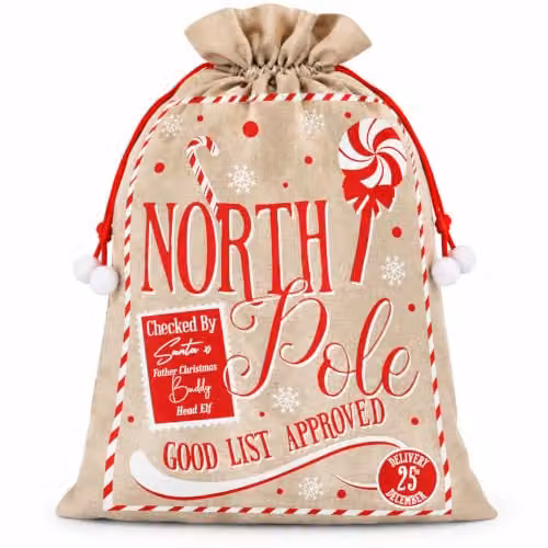 Shatchi North Pole Hessian Christmas Sack in Red, White and Beige, W: 60 cm, H: 78 cm